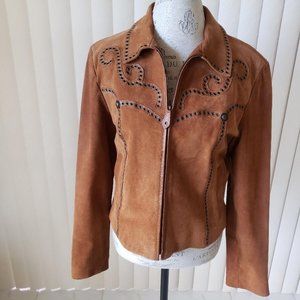 Cripple Creek Cinnamon Suede Jacket with leather detail and studding, Size L
